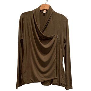 Forever 21 M Draped Collar Asymmetric Zip Shacket Sweatshirt Khaki Pocket 194G